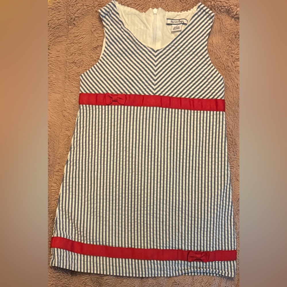 Hartstrings Navy and White Striped Seersucker Dress with Red Bands and Bows